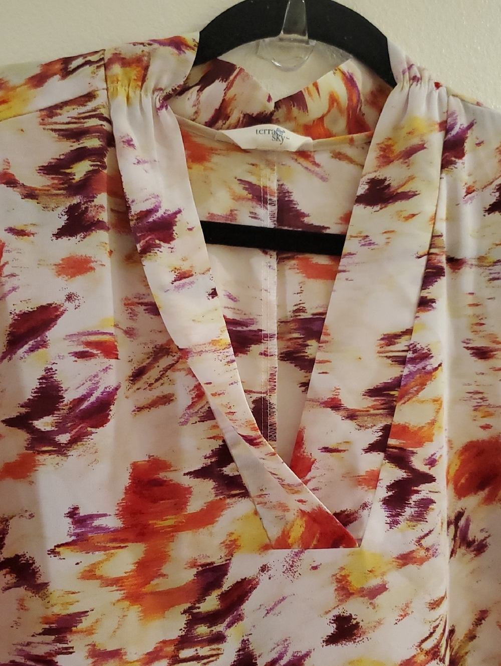 Terra & Sky V-Neck Blouse in Burgundy, Orange & Yellow Watercolor Print